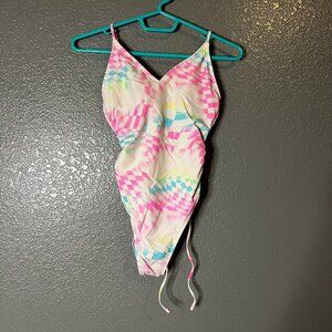 rue21 Women’s One-Piece Swimsuit Small Pastel Checkered Side Ruched
